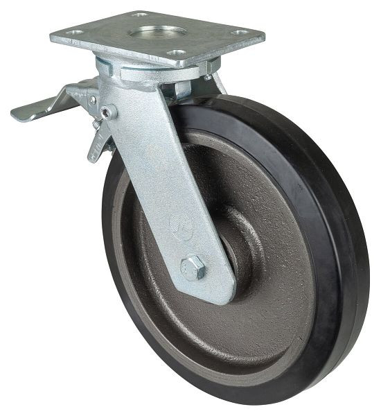 BS Rolls Zwaarlastwiel met wiel/slot, breedte 50 mm, Ø250 mm, tot 500 kg, zwarte elastische banden, gegoten wiellichaam, kogellagers, RR120.B81.250