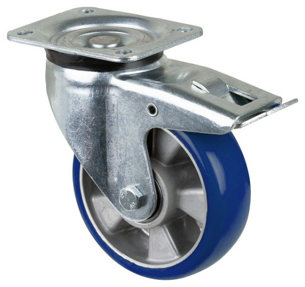 BS Rollen zwaarlastwiel zwenkwiel met rem, polyurethaan wiel 83 Shore, aluminium velg, kogellager, plaat, diameter: 160 mm, L620.B92.160
