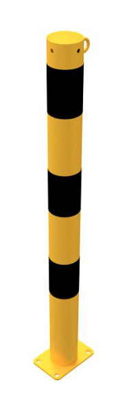 Schake afzetpaal stalen buis Ø 76 x 2,6 mm geel/zwart, stationair, voor plugbevestiging met voetplaat 100 x 150 mm, met 1 oog, 476PBG/1