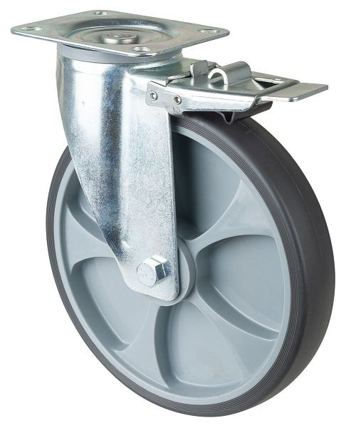 BS rollen transportrol met rem, breedte 45 mm, Ø250 mm, tot 300 kg, banden thermoplast grijs, kunststof, rollager, plaat, L420.B44.250