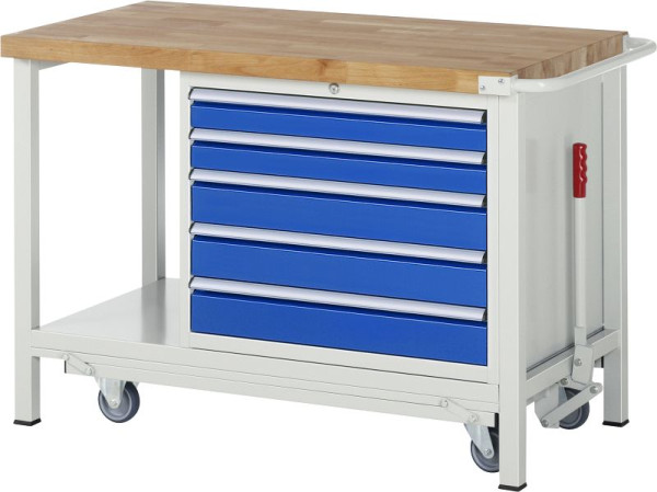 RAU neerlaatbare werkbank 8000 - model 8271, B1250 x D700 x H880 mm, onderbouwbak rechts, 5x laden: 2xH90, 3xH120 mm, 05-8271A6-127B4F.11
