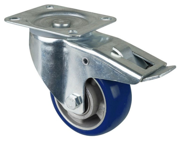 BS Rollen transportwiel zwenkwiel met rem, polyurethaan wiel 83 Shore aluminium velg, kogellager, plaat, diameter: 125 mm, LSS420.B92.125