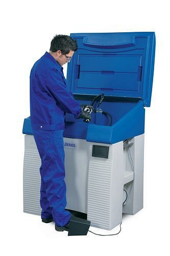 DENIOS Safety Cleaner L 500, onderdelenreinigingsapparaat van PE voor oplosmiddelen, met beschermkap, 178-520