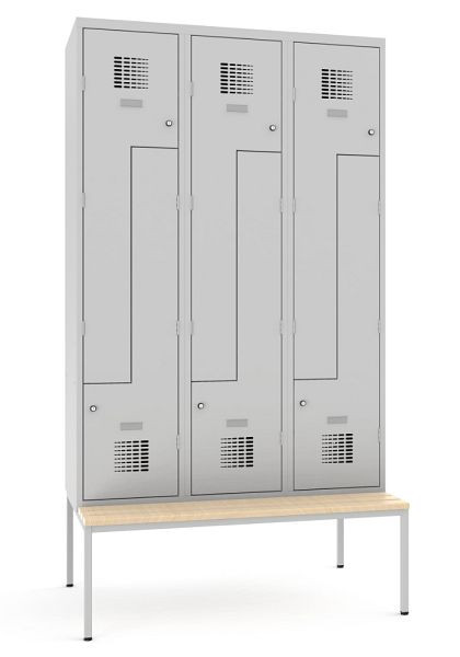 KEMMLIT Z-locker met 3 vakken en 6 deuren 40cm met bank, lichtgrijs 7035, draaibare sluiting, 100212