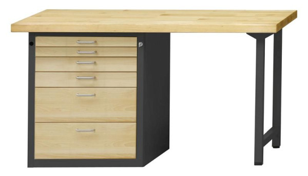 ANKE combinatie werkbank; 1500x700 mm; RAL 7016 / natuurlijk gewaxt beuken; Beuk massieve plaat; Linker onderkast (V-BL) 660x615 mm, 6 laden, model 814 VH