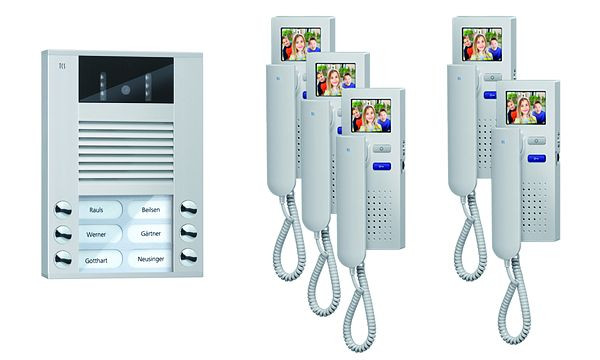 TCS deurbediening video: pack AP voor 5 wooneenheden, met voordeurstation AVE 6 belknoppen, 5x videodeurtelefoon IVH3222, bediening, PVE1550-0010