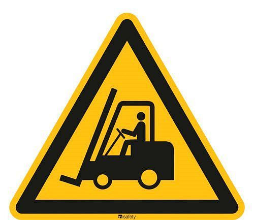 DENIOS waarschuwingsbord "Waarschuwing voor industriële vrachtwagens", ISO 7010, aluminium, 300 mm, verpakking van 5, 266718