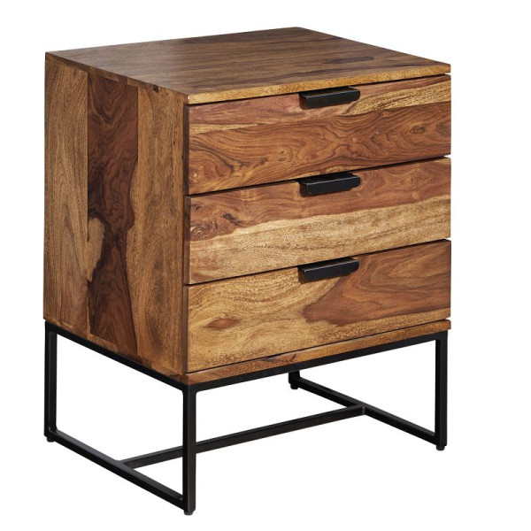 Wohnling nachtkastje Sheesham massief hout / metaal 50x40x65 cm nachtkastje boxspringbed, design nachtconsole met 3 laden, WL6.715