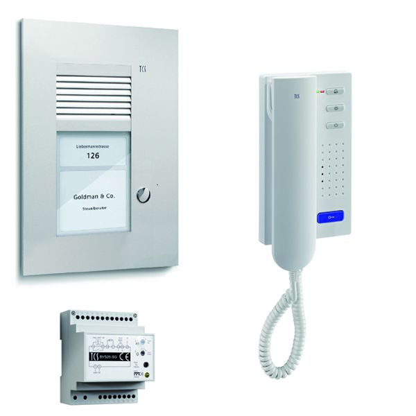 TCS deurbedieningssysteem audio: pak UP voor 1 wooneenheid, met buitenpost PUK 1 belknop, 1x deurtelefoon ISH3130, bedieningseenheid BVS20, PSU2110-0000