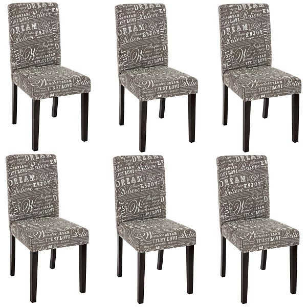 Mendler set van 6 eetkamerstoelen, keukenstoelen, Littau, textiel met letters, grijs, donkere poten, 33710+33696