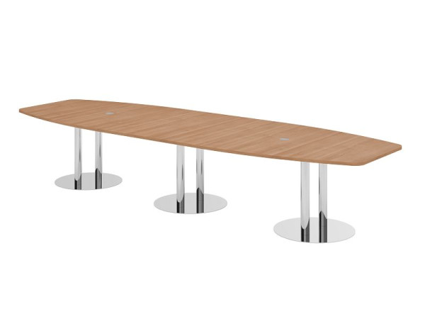 Hammerbacher vergadertafel KT40S, 400 x 130 cm, blad: notenhout, 25 mm dik, met drie verchroomde kolompoten, 7,6/70 cm, werkhoogte 74 cm, VKT40S/N/C