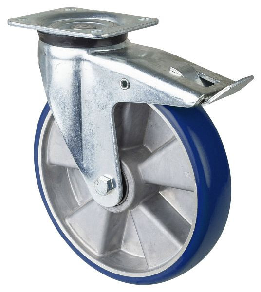 BS Rollen zwaarlastwiel zwenkwiel met rem, polyurethaan wiel 83 Shore, aluminium velg, kogellager, plaat, draagvermogen 800 kg, 250 mm, L620.B92.250