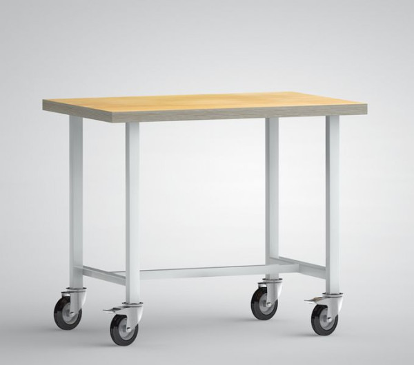 KLW standaard werkbank 1000 x 700 x 840 mm met beuken multiplex plank 1000 x 700 x 40 mm, verrijdbaar, met 4 zwenkwielen 125 mm Ø, WS819N-1000M40-X7001