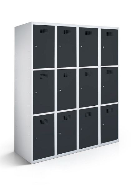 KEMMLIT lockerkast met 4 vakken en 12 deuren 30cm met gesloten bodem, antracietgrijs 7016, draaibare sluiting, 100608