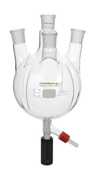 Rettberg 4-halskolf, 4000 ml, met 4 schotten, MH NS 29, SH 2x NS 29, 1x NS 14.5 schuin, bodemafvoerventiel 0 - 10 mm, 107000191