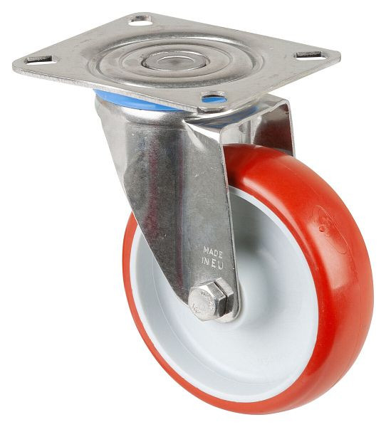 BS rollen RVS transportrol, breedte 30 mm, Ø100 mm, tot 130 kg, loopvlak polyurethaan rood, wiellichaam kunststof, glijlager, plaat, H100.B26.100