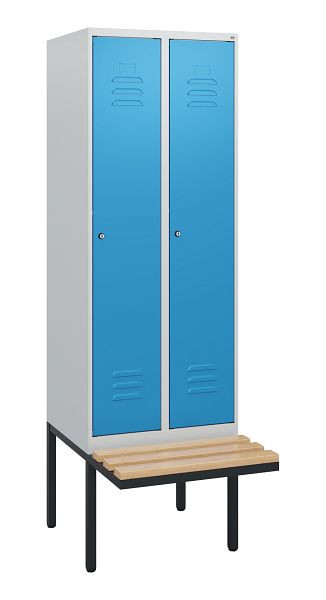C+P Umkleidespind Classic PLUS, 2 Abteile, 1950x600x815mm, 7035/5012, Zylinderschlösser, Buche-Sitzleisten, 0800405-20 S10019