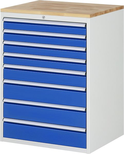 RAU ladekast serie 7000, massief beuken werkblad, 8 x lade maat XL 4xH90, 1xH120, 3xH150 mm, 770x1035x650 mm, 03-XL7.8A-B.11