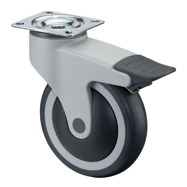 BS rollen Kunststof rol met rem, breedte 32 mm, Ø100 mm, tot 100 kg, grijs rubberen loopvlak, kogellager, plaat, VE = 2 stuks, C120.A82.100