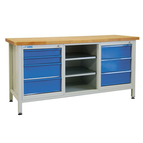ADB werkbank 7 laden + plankdeel, afmetingen LxBxH: 1700x600x840 mm, kleur werkblad: lichtgrijs, RAL 7035, kleur deur/lade: lichtblauw, RAL 5012, 42737