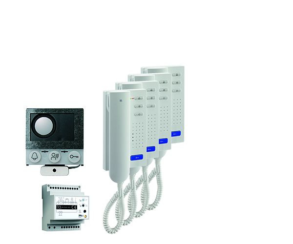 TCS audio:pack installatie voor 4 wooneenheden, met ingebouwde luidspreker ASI12000 + 4x deurtelefoon ISH3030 + besturingseenheid BVS20, PAIH040/004