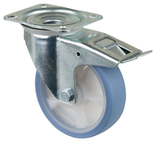 BS rollen transportwiel zwenkwiel met rem, thermoplastisch rubberen wiel, lichtblauwe band, rollager, plaat, 160 mm, VE 2 stuks, L420.B44.161.05