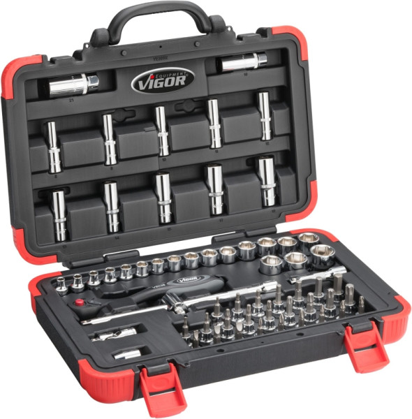 VIGOR dopsleutelset, aantal gereedschappen: 61, aandrijving: vierkant, hol 10 mm (3/8 inch), V2305N