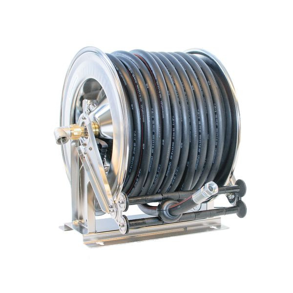 Ebinger slanghaspel OSM 710, max 150bar / 60°C, 30m - 25mm ID rubber-kunststof slang, behuizing: RVS, 1.714.934
