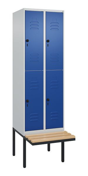 C+P Doppelstöckiger Spind Classic PLUS, 2 Abteile, 2120x600x815mm, 7035/5010, Drehriegel, Sitzleisten aus Buche, schwebende Sitzfläche, 0803407-20 S10003