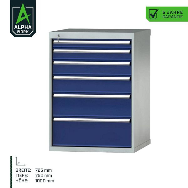 Alpha Work ladekast Basic, 725 x 1000 x 750 mm, romp: lichtgrijs, voorkant: gentiaanblauw, inbouwmaat: 900 mm, indeling: 36x36 stuks, 07276
