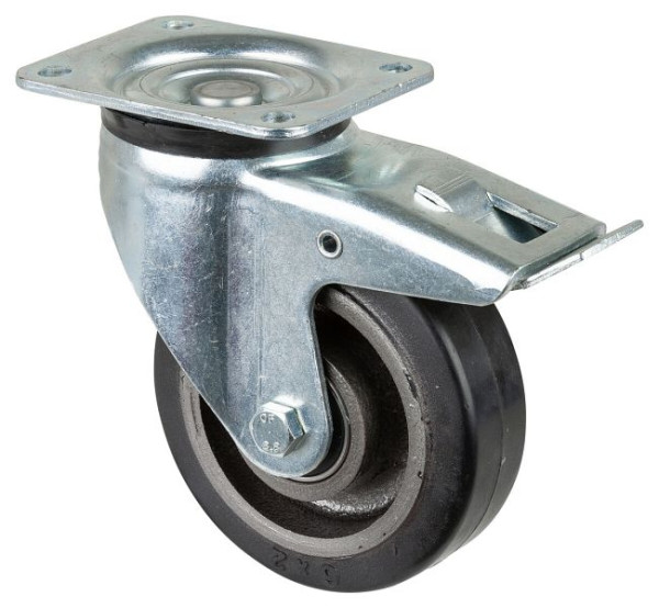 BS Rolls Zwaarlastwiel met rem, breedte 50 mm, Ø150 mm, tot 350 kg, zwarte elastische banden, gegoten wiellichaam, kogellagers, L620.B81.150