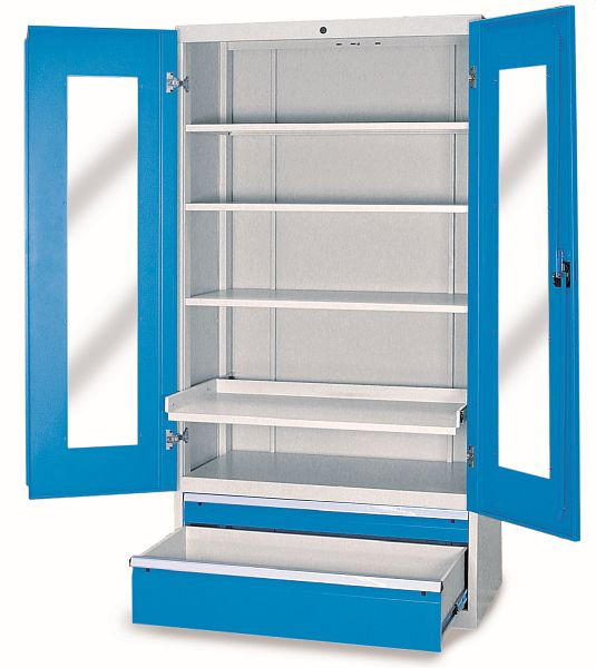 Bedrunka + Hirth vitrinekast, R 36-16, 2x lade, 3x vaste plank, 1x uitschuifbare plank, 1x tussenplank, 980 x 500 x 1838 mm, 04.188.002