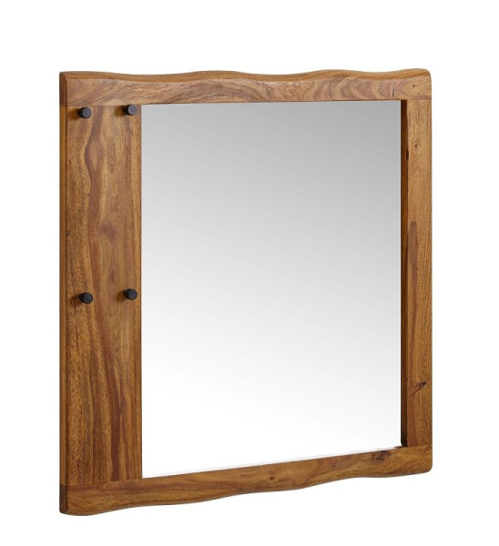Wohnling wandspiegel sheesham massief hout 80x80x3 cm design halspiegel boomrand, moderne hangende spiegel met haken, grote wandspiegel, WL6.547