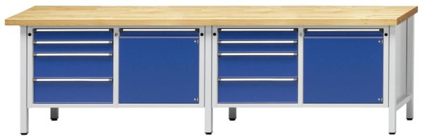 ANKE kastwerkbank; 2 werkplekken; 2800x700 mm; RAL 7035/5010; Links 4 laden 90, 90, 180, 180 mm; Rechts 1 deur