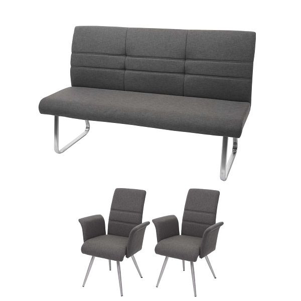 Mendler Set 2x eetkamerstoel + bank HWC-G55, bank keukenstoel + armleuning, stof/textiel RVS, grijsbruine bank 180cm, 73577 + 73578 + 71709