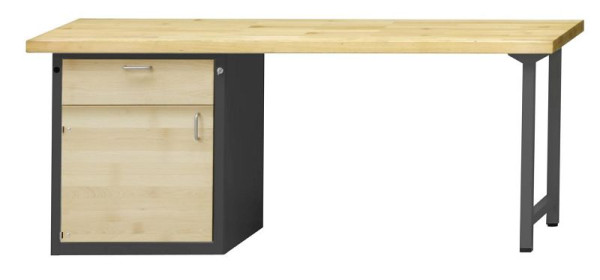 ANKE combinatie werkbank; 2000x700 mm; RAL 7016 / natuurlijk gewaxt beuken; Beuk massieve plaat; Linker plintkast 660x615 mm, 1 lade; 1 deur