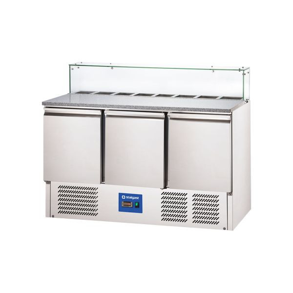 Stalgast Pizzatisch mit Kühlaufsatz und Glasabdeckung, 3-türig, 8x GN1/6, Serie Starline, KT4433402