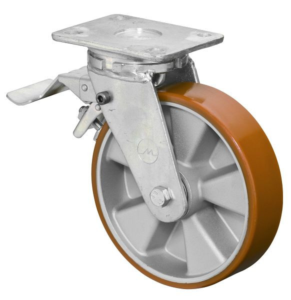 BS-wielen Zwaarlastwiel met wiel/slot, B50 mm, Ø200 mm, tot 800 kg, oppervlak gegoten polyurethaan 95 Shore A, aluminium, kogellager, RR120.B90.200