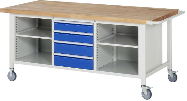 RAU verrijdbare werkbank model 8566, B2000xD900xH880-1080mm, links: plank, midden: 2x120, 2x150mm, rechts: plank, 05-8566A2-209B4H.11