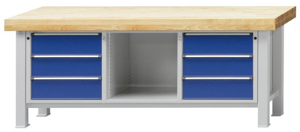 ANKE zware werkbank; 2250x800 mm; RAL 7035/5010; Beuk massieve plaat; 3 laden links; Middenvak open; Rechts 3 laden 180 mm