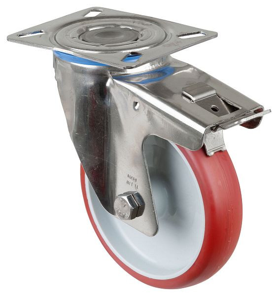 BS rollen RVS transportrol met rem, B35 mm, Ø150 mm, tot 200 kg, rood polyurethaan, kunststof behuizing, glijlager, plaat, H120.B26.150