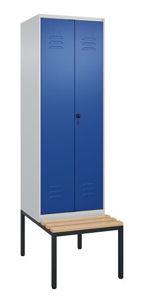 C+P luierkastje Classic PLUS SW, 2 vakken, 2120x600x815mm, 7035/5010, draaibare sluiting, met onderbank, beukenhouten zitlat, 0800527-20 S10003