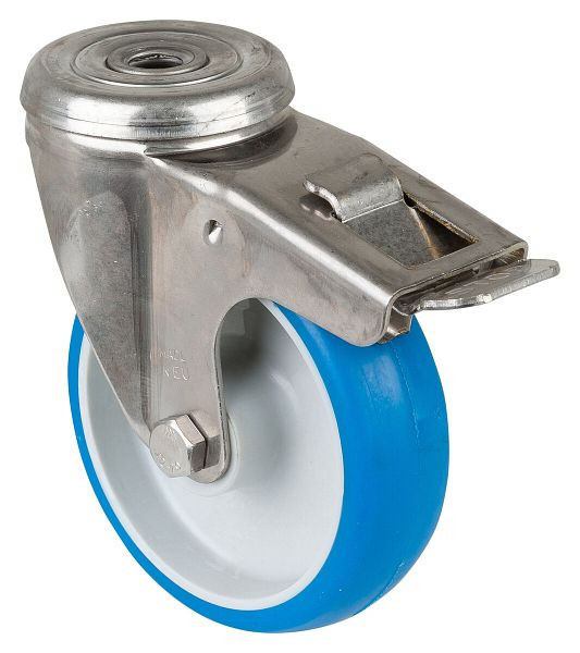 BS rollen RVS transportrol met rem, B32 mm, Ø100 mm, tot 110 kg, blauw polyurethaan oppervlak, kunststof behuizing, glijlager, H121.B32.100
