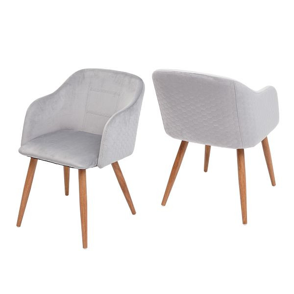 Mendler set van 2 eetkamerstoelen HWC-D71, stoel keukenstoel, retro design, armleuningen stof/textiel, fluweel lichtgrijs, 73027