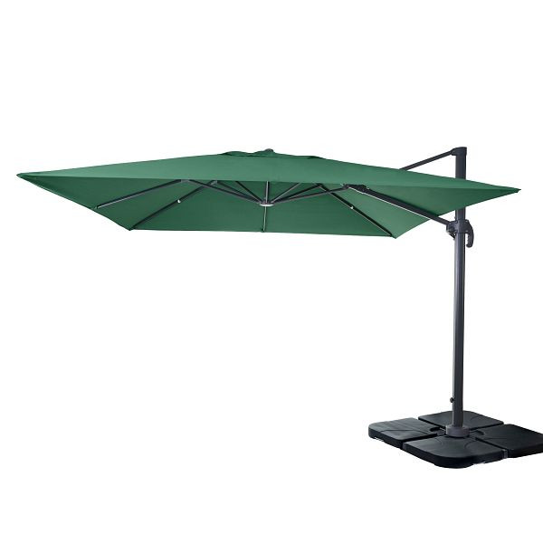 Mendler gastronomie verkeerslichtparaplu HWC-A96, parasol 3x3m (Ø4,24m) polyester aluminium/staal 23kg, donkergroen met standaard, 153408+153438+31831