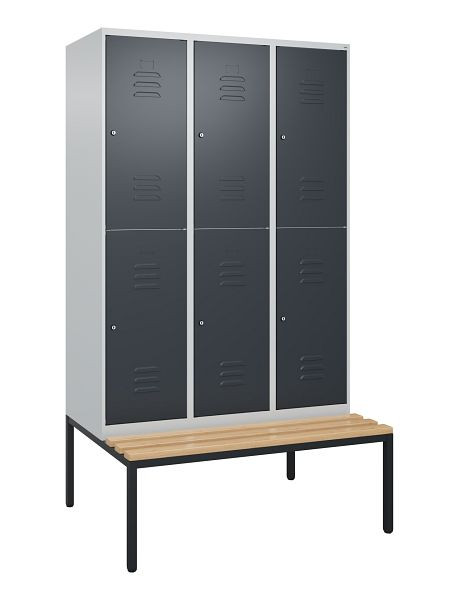 C+P dubbeldekkerkast Classic PLUS, 3 vakken, 2120x1200x815mm, 7035/7016, cilindersloten, beukenhouten zitlat, bank, 0803507-32 S10098