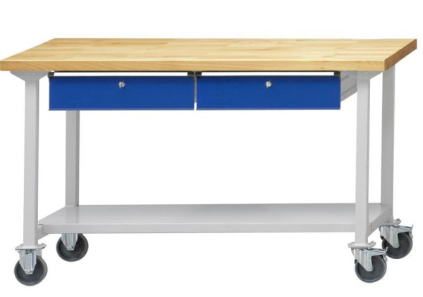 ANKE werktafel; mobiel; 1500x700 mm; RAL 7035/5010; 2xHängeschublade; 1x opbergvak van 500 mm diep plaatstaal