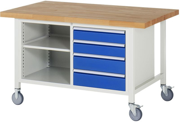 RAU verrijdbare werkbank 8000 - model 8463, B1500xD900xH880mm, dubbele onderbouw bak, links: legbord, rechts: laden: 2xH120, 2xH150mm, 05-8463A2-159B4S.11