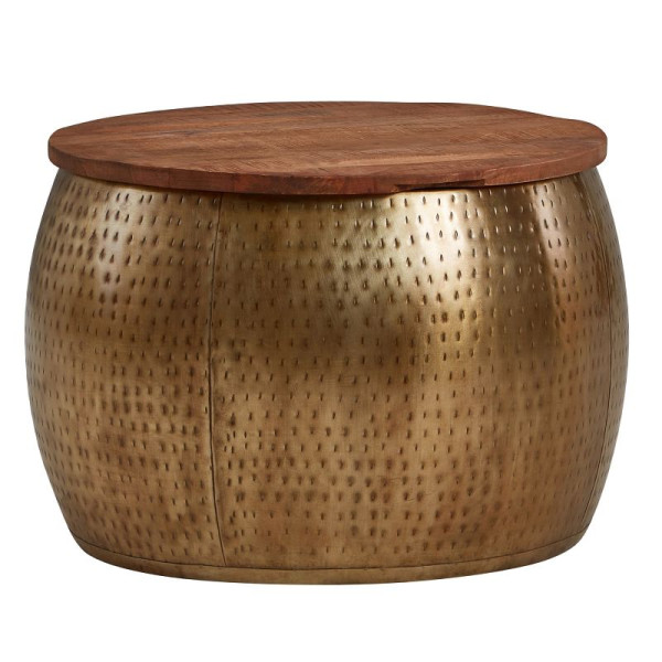 Wohnling salontafel mango massief hout metaal 60x60x40 cm goud rond met opbergruimte, design woonkamertafel afneembaar blad, WL6.705