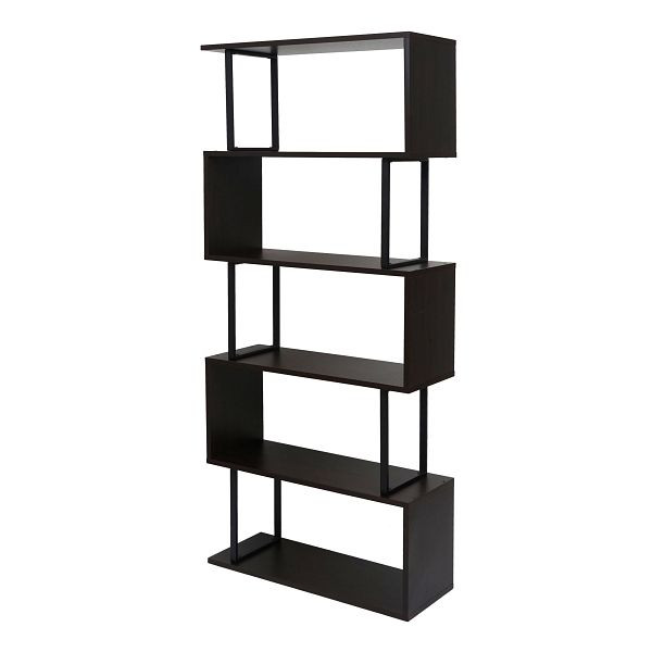 Mendler boekenplank HWC-A27, vrijstaande plank, woonkamerplank, 183x80cm 3D-structuur 5 niveaus, donkerbruin, zwart metaal, 75020